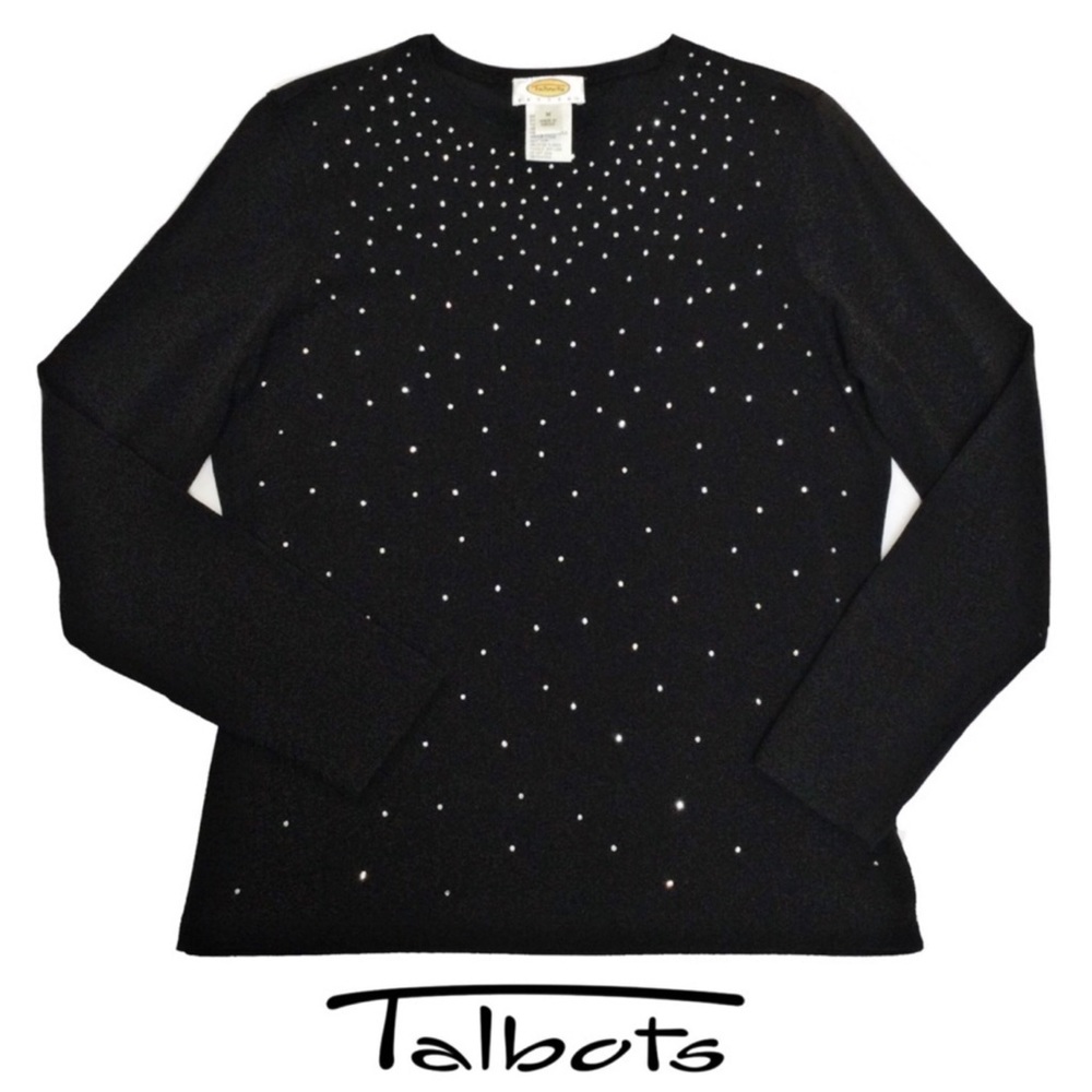 Talbots Black Long Sleeve Top w/ Boatneck Collar & Rhinestone Flat Beads, M NWOT